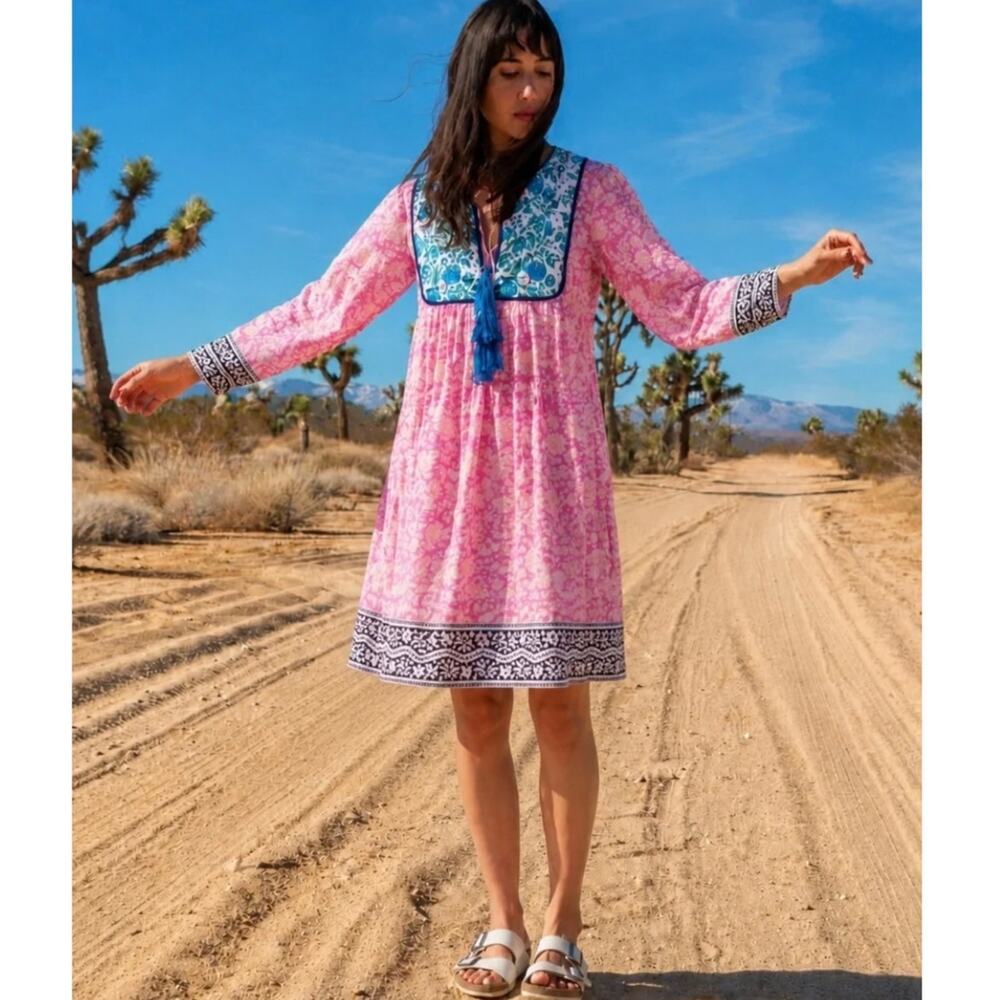 SZ Blockprints Kitty Mini Dress Cover Up In Pink Resort Boho Beach Size Medium